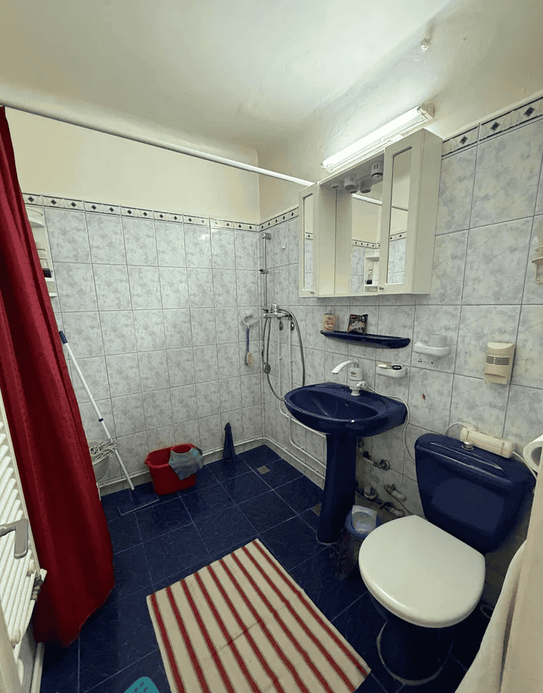 Baie mică cu duș, toaletă și mobilier de baie în stil simplu.